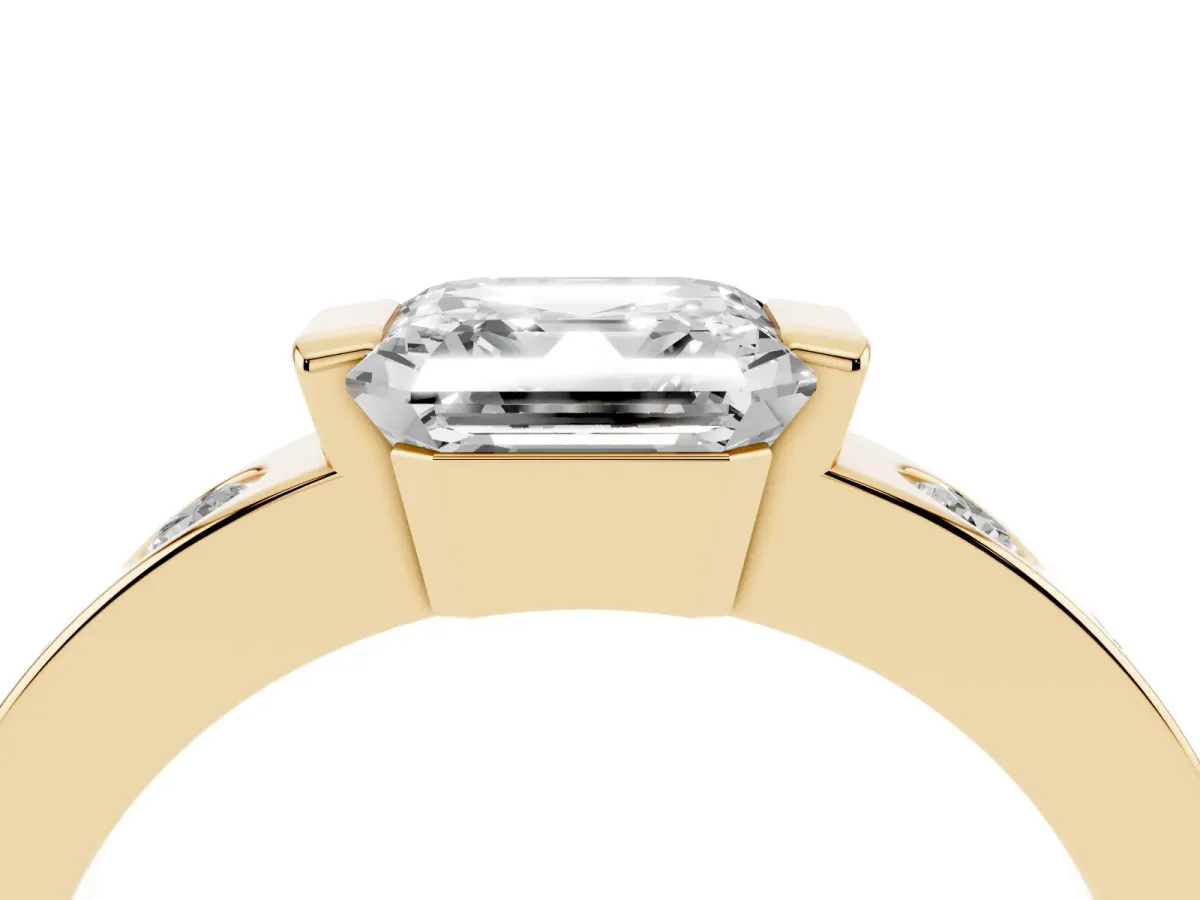 Asscher Cut Brilliant Channel-Set Diamond Ring with Bezel Prong Setting Yellow gold