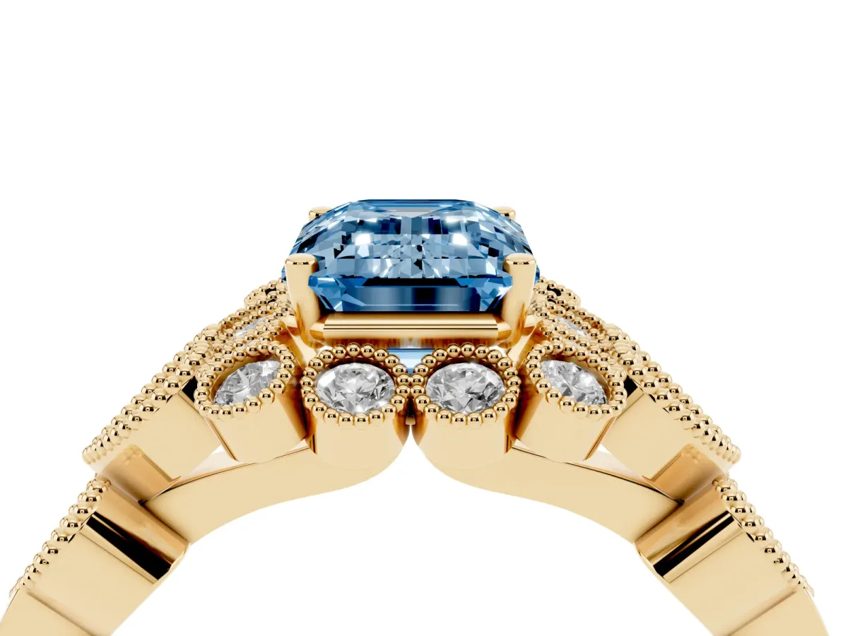 Fancy Blue Emerald Cut Brilliant Milgrain Pave Heart Band Solitaire Ring Yellow gold