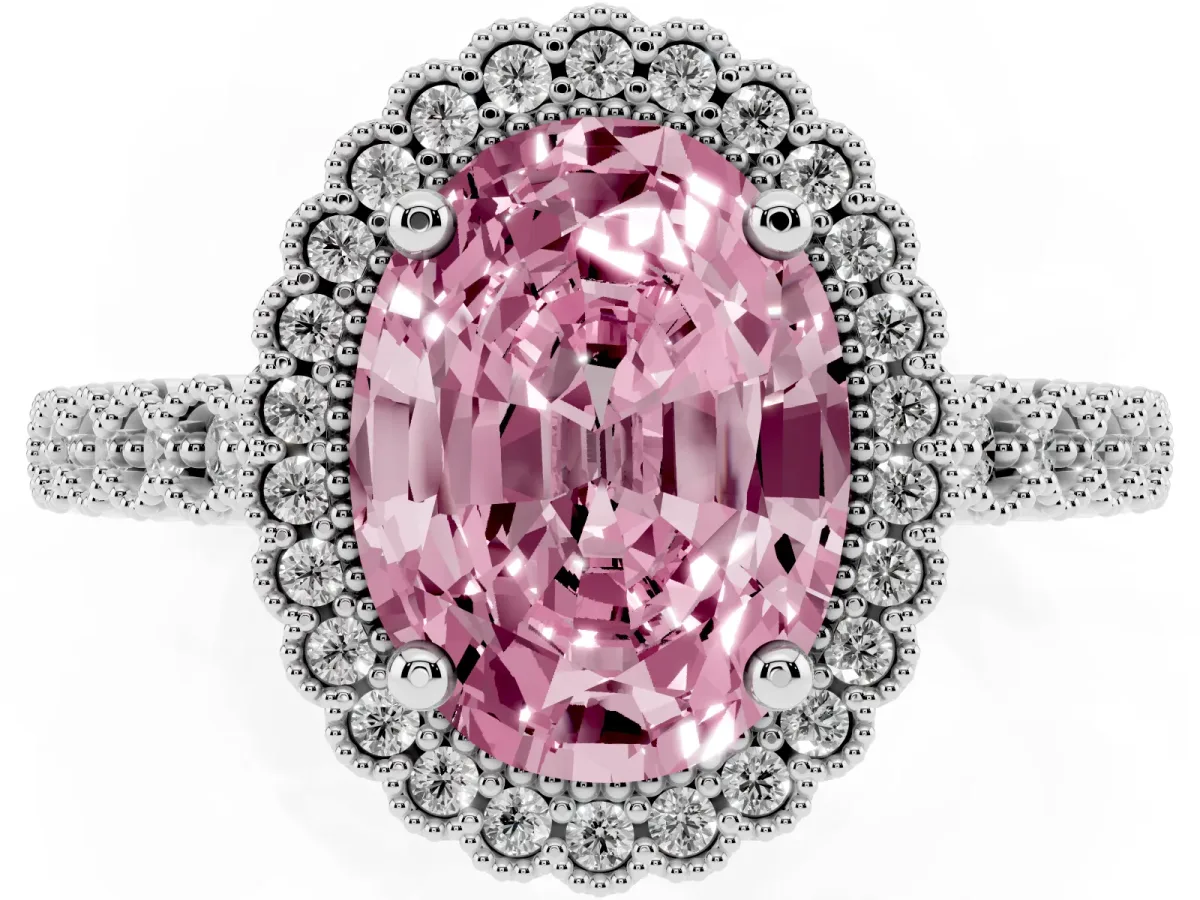Fancy Pink Oval Cut Cut Halo Pavé Solitaire Ring with Milgrain Band White gold