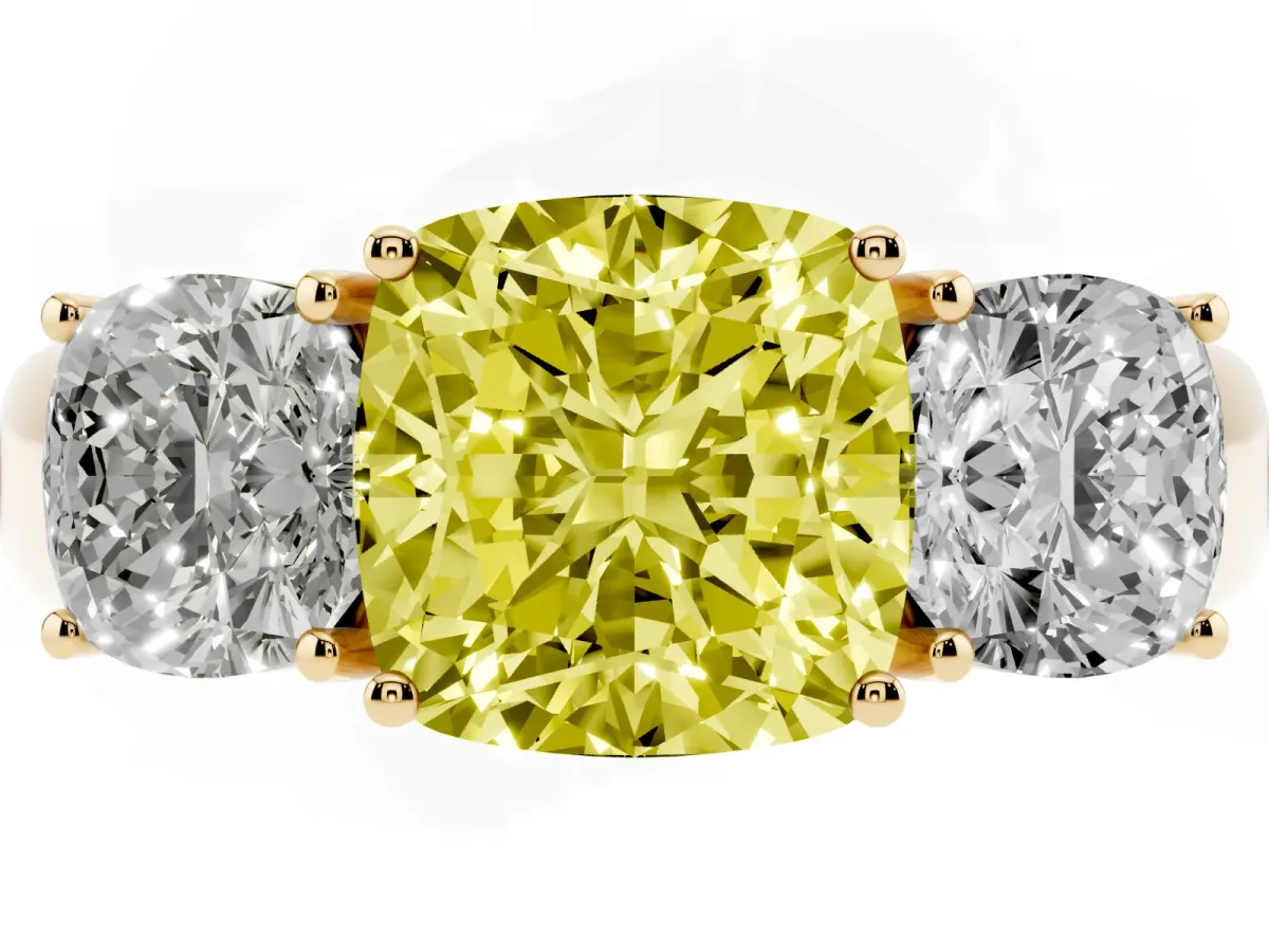 Fancy Yellow Three-Stone Cushion Cut Cut Diamond Ring with Prong Setting and Classic Band Yellow gold