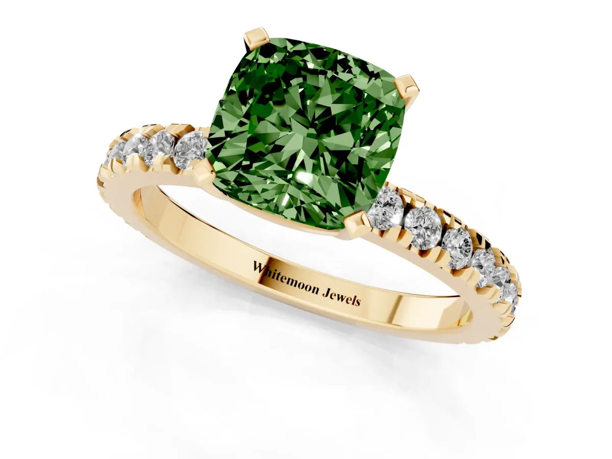 Fancy Green Cushion Cut Diamond Pavé Band Solitaire with Four-Prong Setting Yellow gold