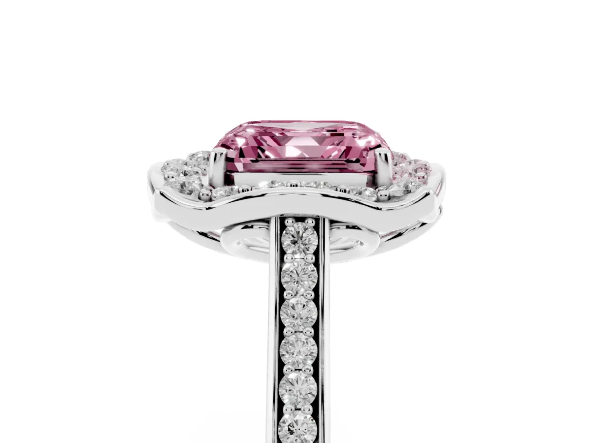 Fancy Pink Asscher Cut Halo Round Diamond Pave Band with Four-Prong Setting Platinum