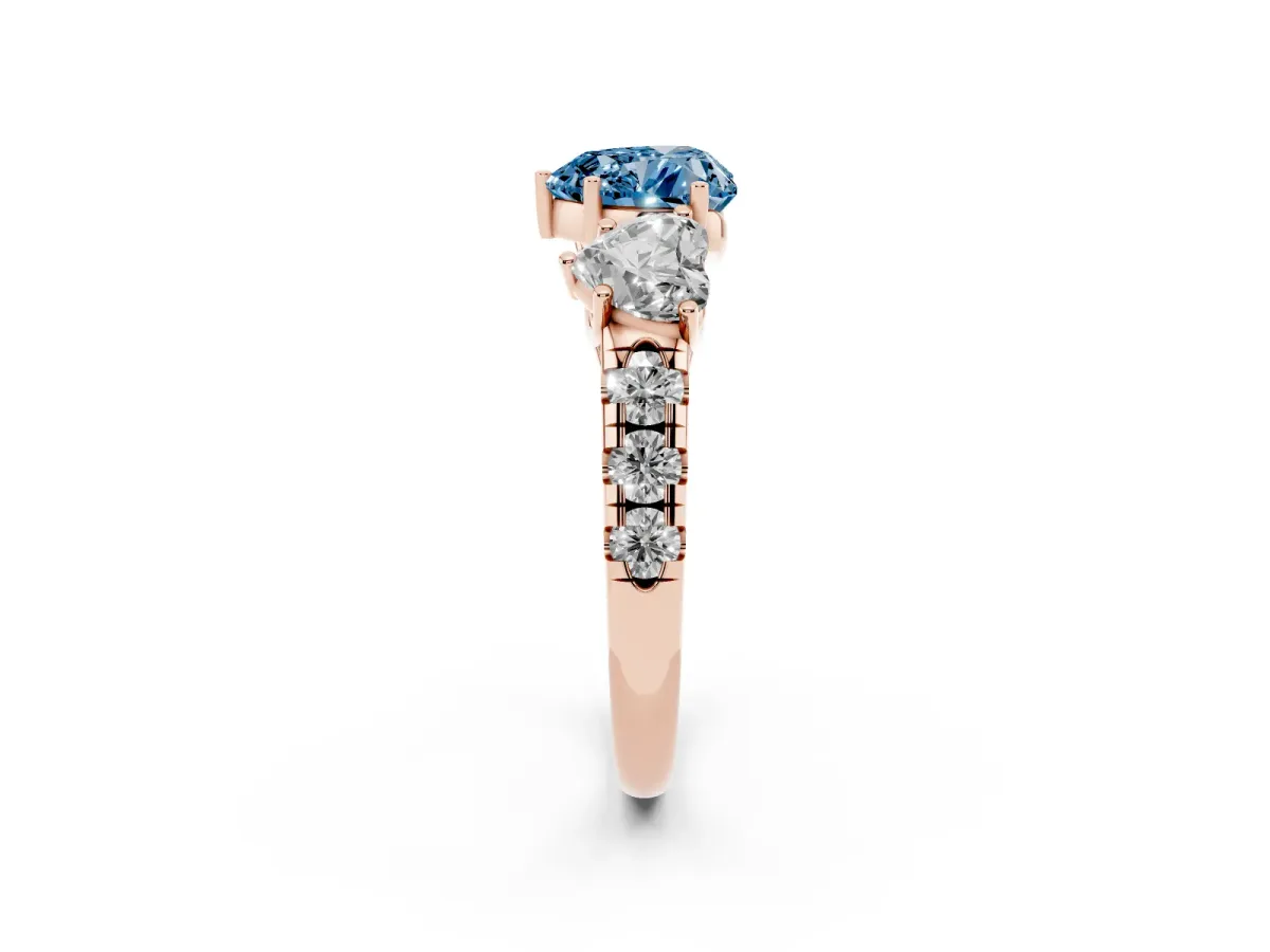 Fancy Blue Three-Stone Heart Cut Diamond Pavé Band with Prong Setting Rose gold