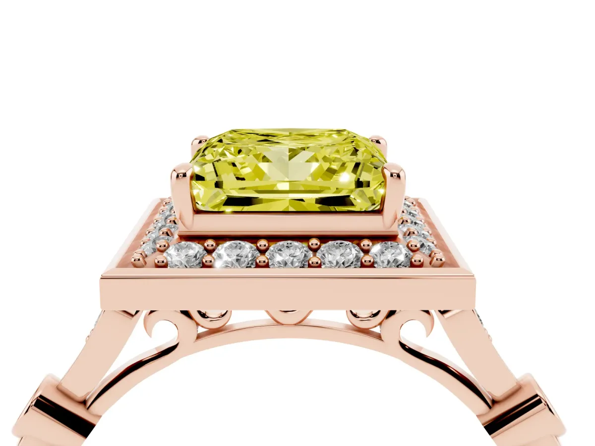 Fancy Yellow Princess Cut Halo Diamond Engagement Ring with Twisted Band and Four-Prong Setting Rose gold