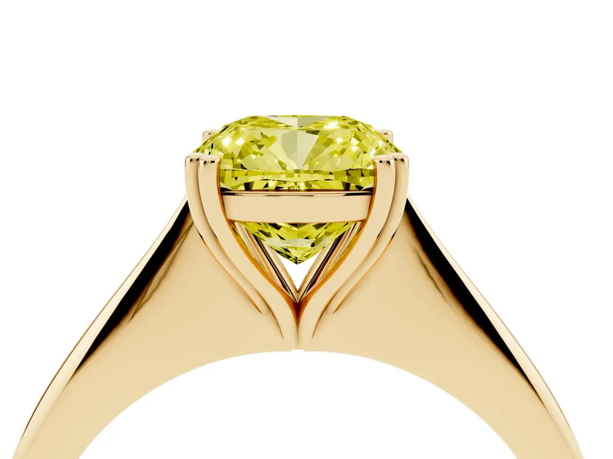Fancy Yellow Cushion Cut Solitaire Diamond Ring with Six-Prong Setting and Classic Band Yellow gold