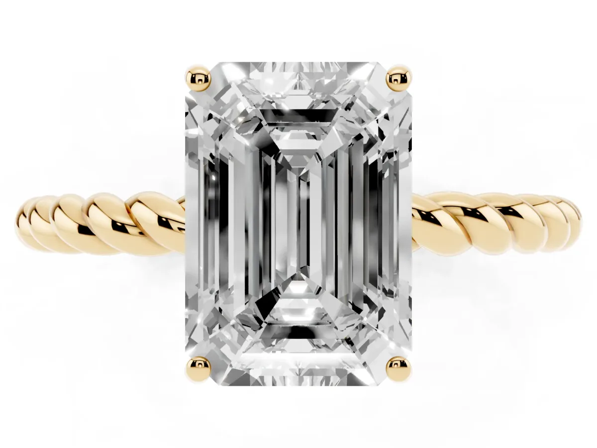 Emerald Cut Solitaire Twisted Band 4-Prong Ring Yellow gold