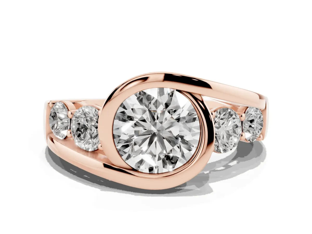 Bezel Set Round Cut Diamond Bypass Ring with Round Accents Rose gold