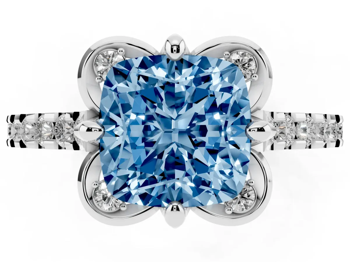 Fancy Blue Cushion Cut Diamond Ring with Pavé Band and Floral Prong Setting Silver