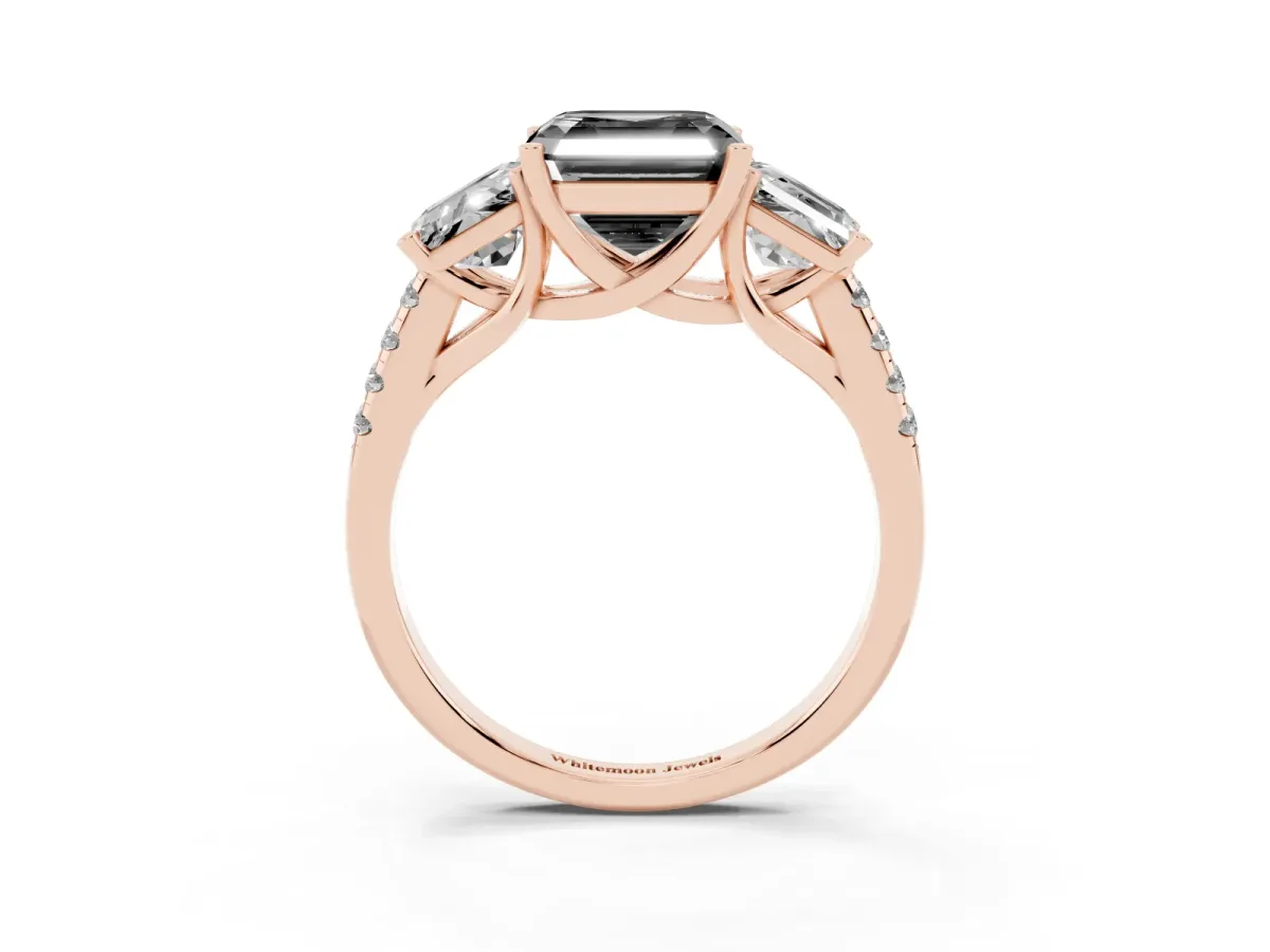 Fancy Black Three-Stone Asscher Cut Diamond Ring with Round Pavé Band and Prong Setting Rose gold