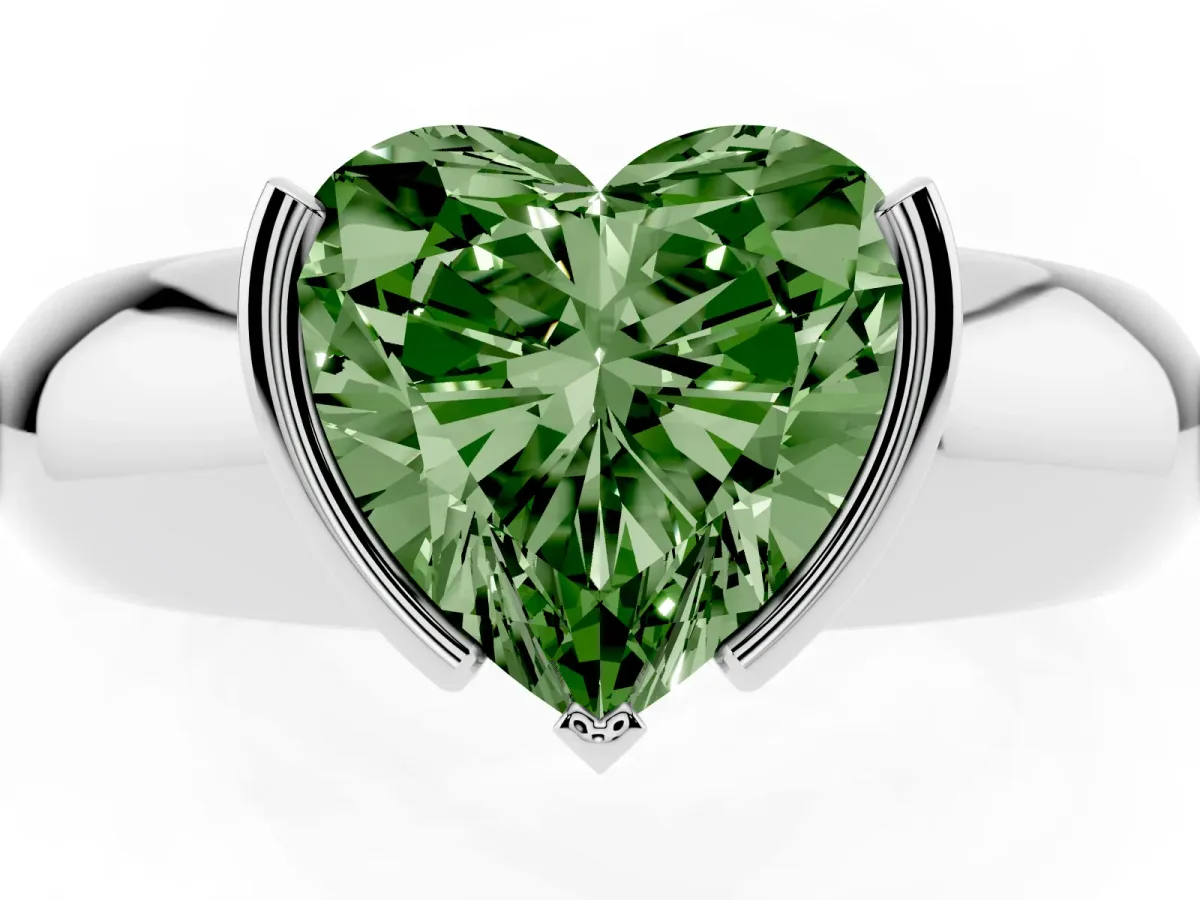 Fancy Green Heart Cut Solitaire Tension Set Diamond Ring with Wide Band White gold