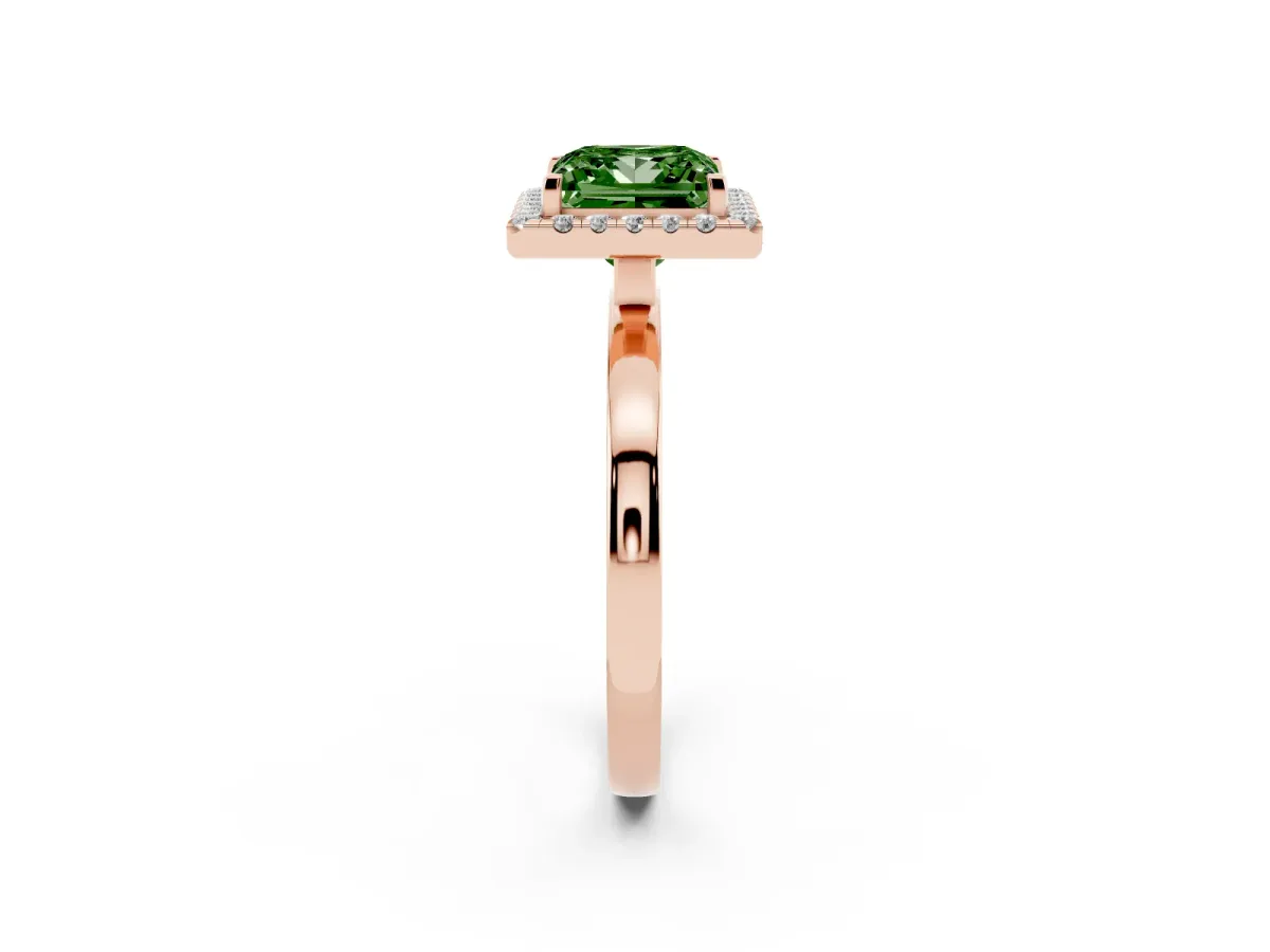 Fancy Green Princess Cut Halo Diamond Solitaire with Pavé Band and Four-Prong Setting Rose gold