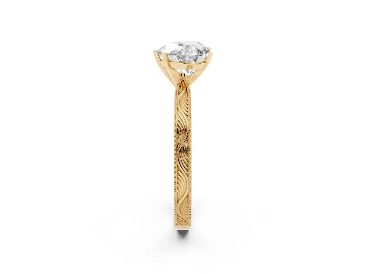 Heart Cut Solitaire Milgrain Engraved Band with Four-Prong Setting Yellow gold