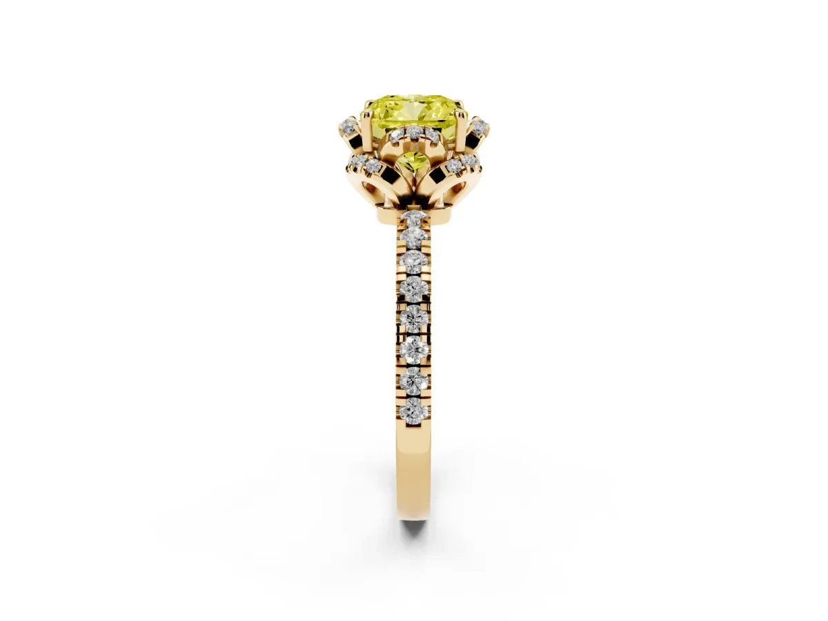 Fancy Yellow Cushion Cut Halo Diamond Pave Band Ring with Four-Prong Setting Yellow gold