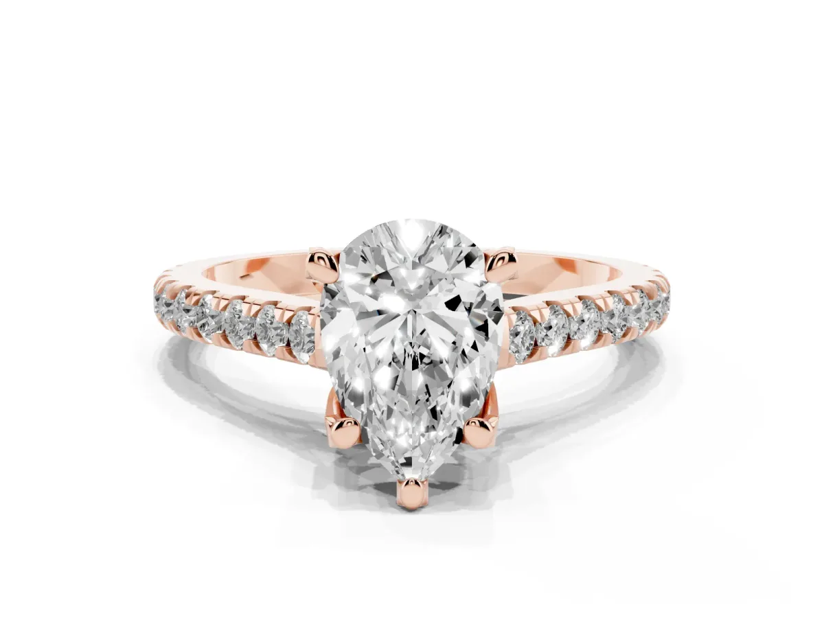 Pear Cut Brilliant Diamond Solitaire with Pavé Band and Four-Prong Setting Rose gold