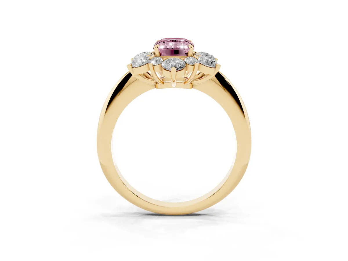 Fancy Pink Emerald Cut Diamond Cluster Halo Ring with Solitaire Band and Four-Prong Setting Yellow gold