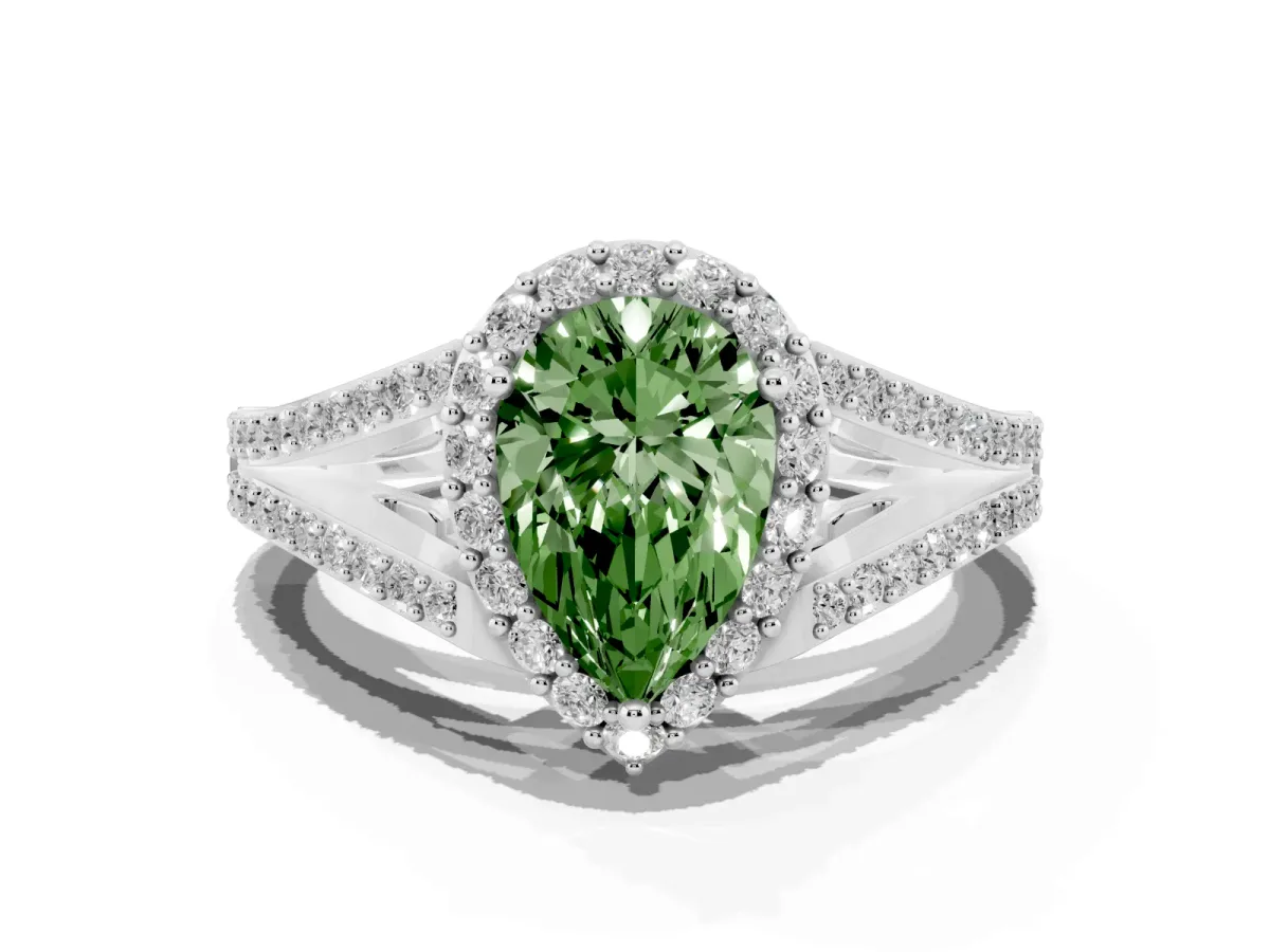 Fancy Green Pear Cut Halo Split Shank Diamond Ring with Prong Setting Silver