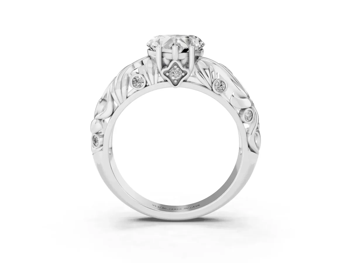Heart Cut Solitaire Diamond Leaf-Inspired Vine Band Ring with Prong Setting Silver