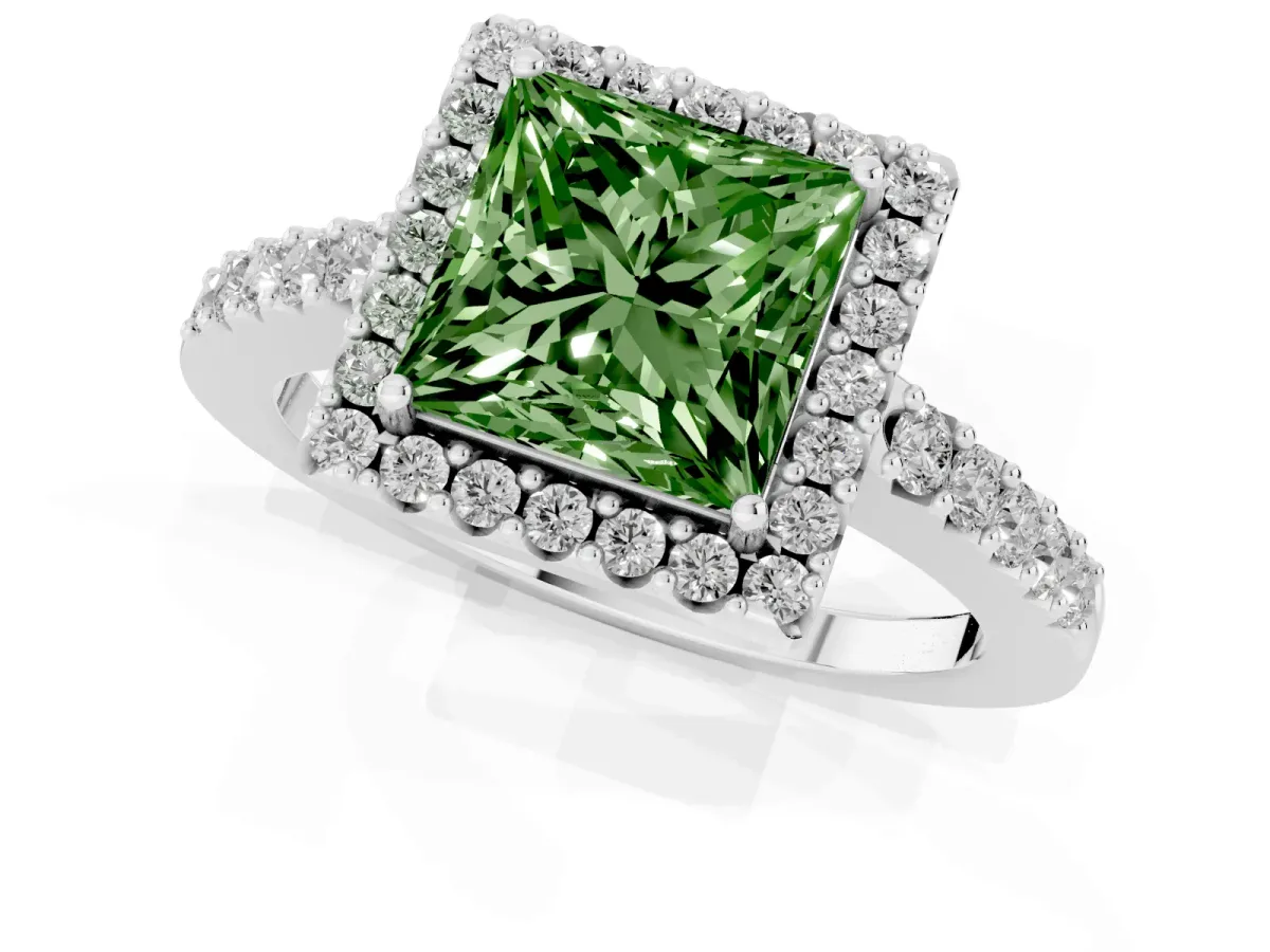 Fancy Green Princess Cut Halo Diamond Pavé Solitaire Ring Platinum