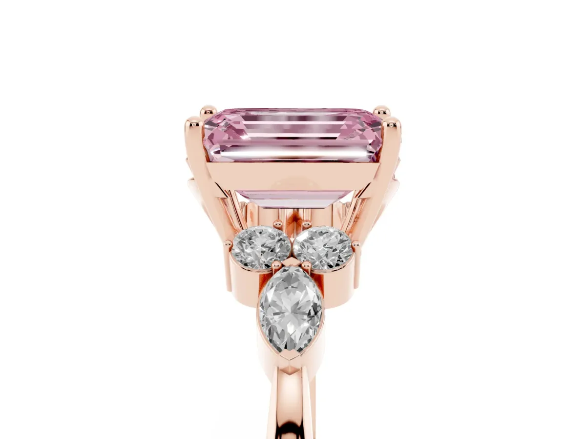 Fancy Pink Emerald Cut Brilliant Diamond Solitaire Ring with Pear Side Stones and Four-Prong Setting Rose gold