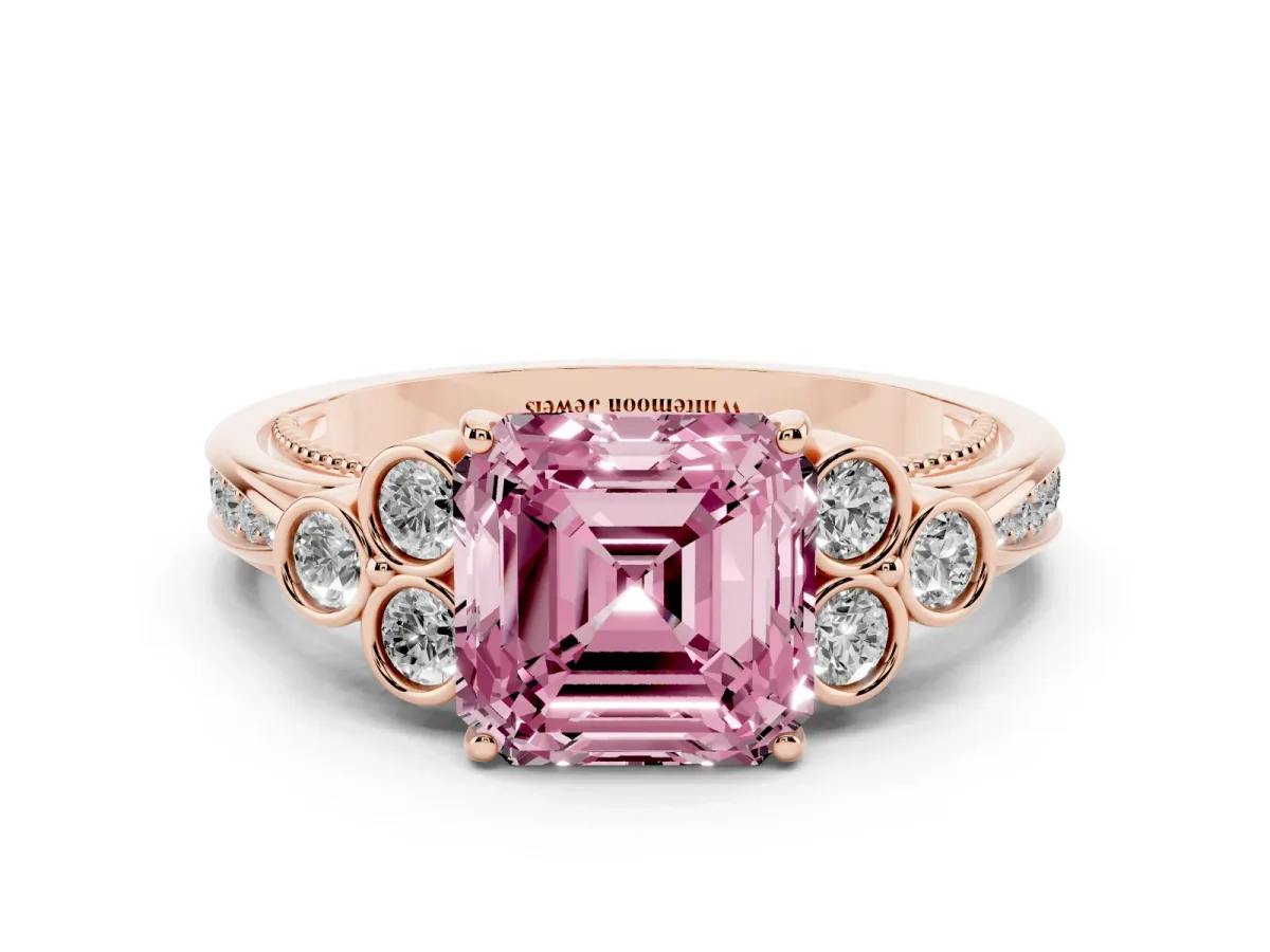 Fancy Pink Asscher Cut Cut Diamond Engagement Ring with Bezel Set Round Side Stones and Prong Setting Rose gold
