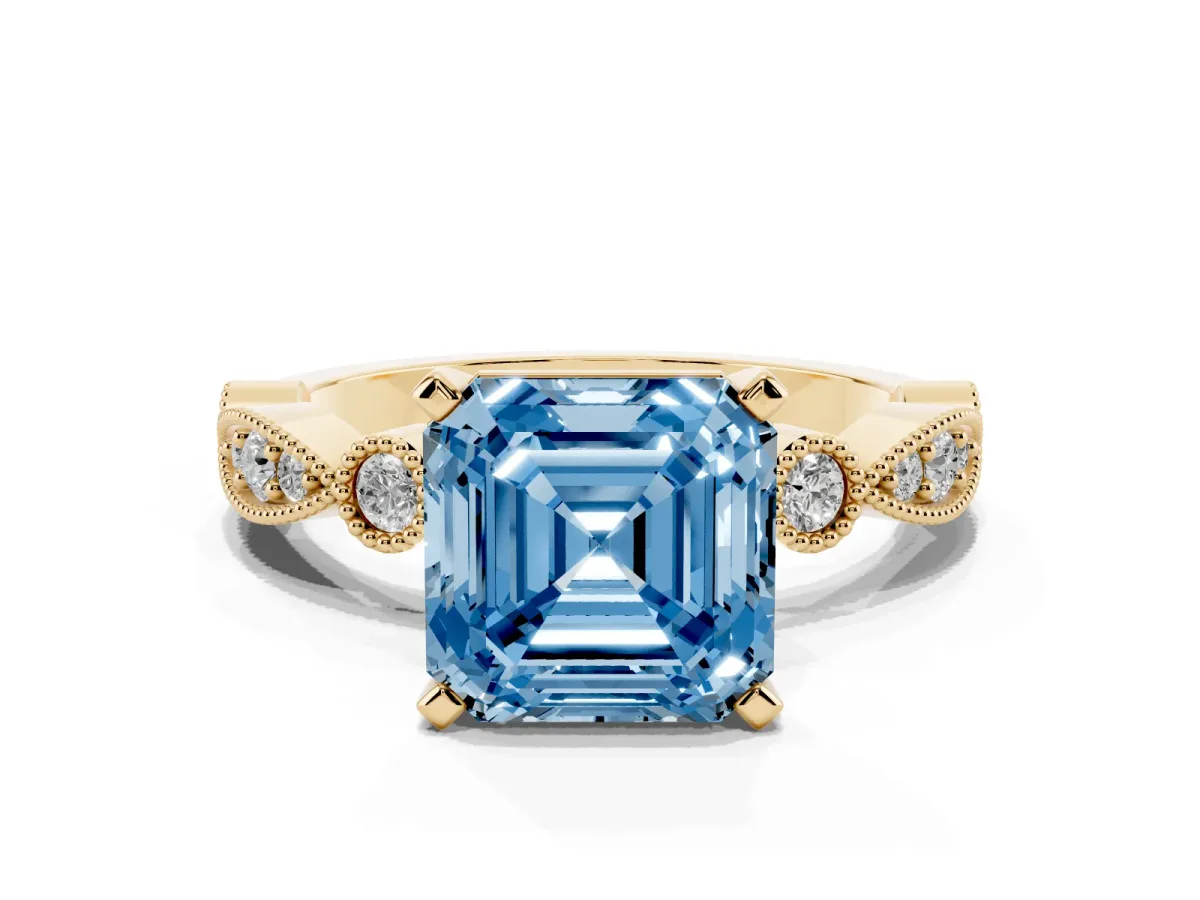Fancy Blue Asscher Cut Milgrain Bezel Diamond Engagement Ring with Solitaire Prong Setting Yellow gold
