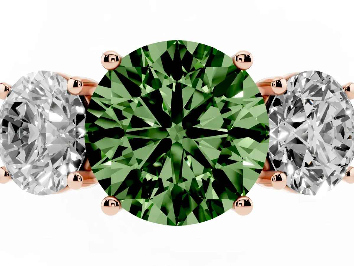 Fancy Green Three-Stone Round Cut Diamond Ring with Round Pavé Band and Prong Setting Rose gold
