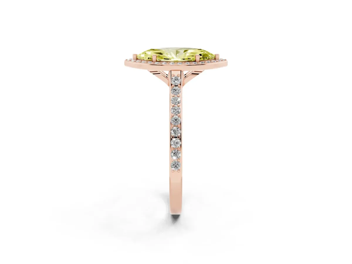 Fancy Yellow Marquise Cut Diamond Halo Engagement Ring with Round Pavé Shoulders and Prong Setting Rose gold
