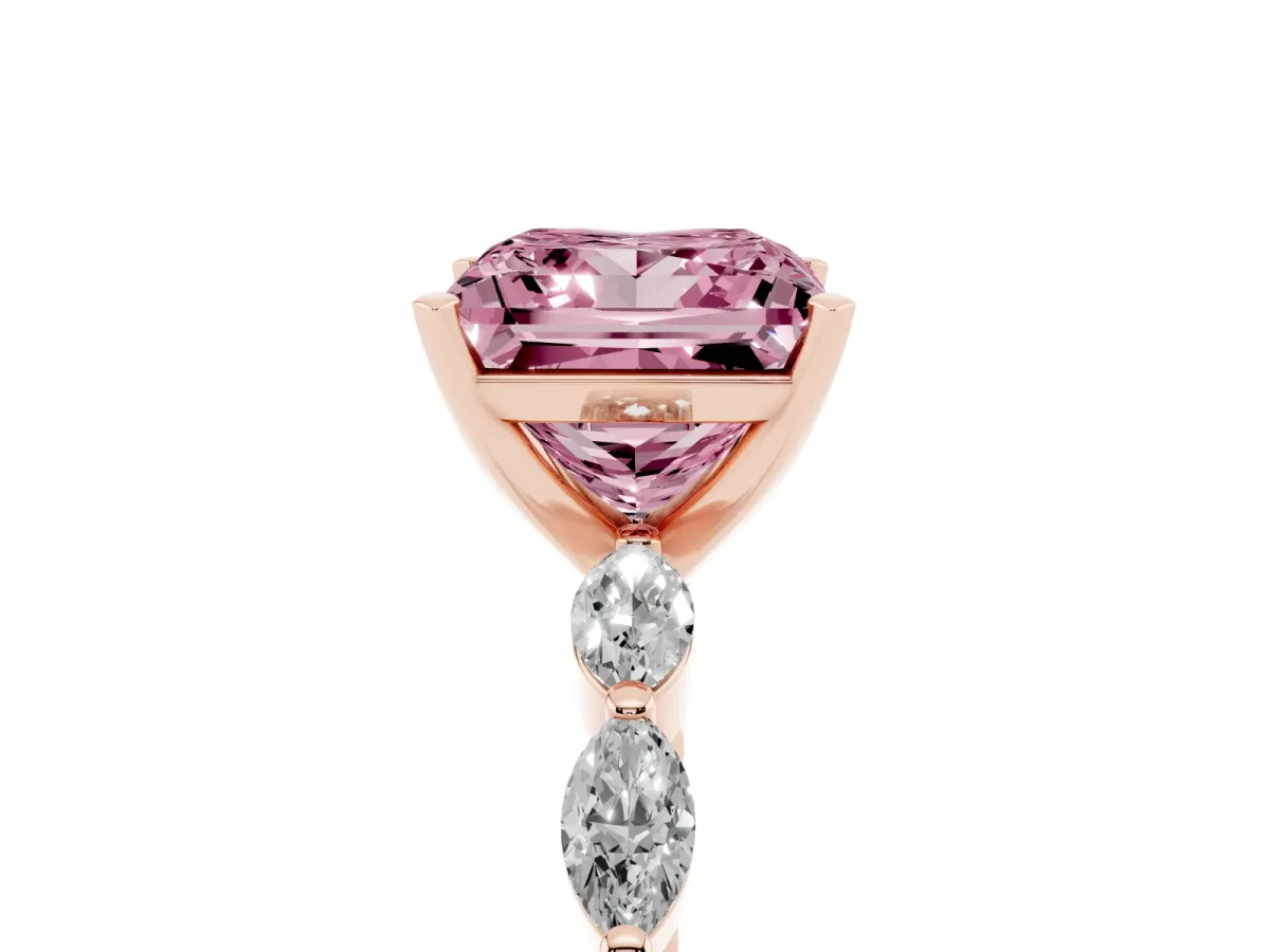 Fancy Pink Princess Cut Diamond Ring with Marquise Side Stones and Prong Setting Rose gold