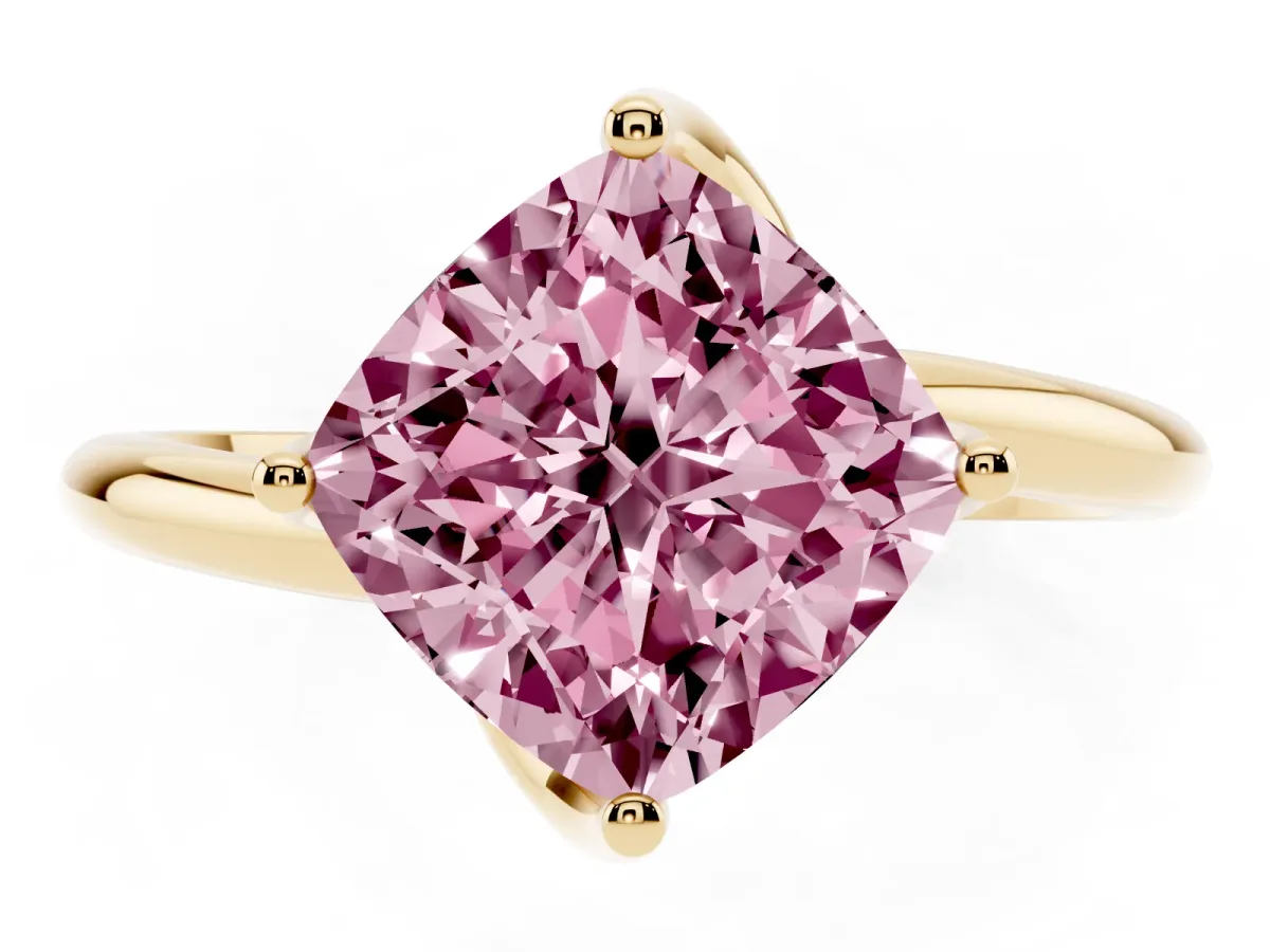 Fancy Pink Cushion Cut Diamond Solitaire Engagement Ring with Four-Prong Setting and Classic Band Yellow gold