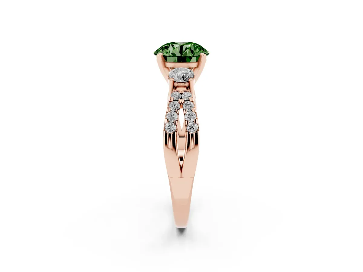 Fancy Green Round Cut Diamond Three-Stone Ring with Pavé Split Shank and Four-Prong Setting Rose gold