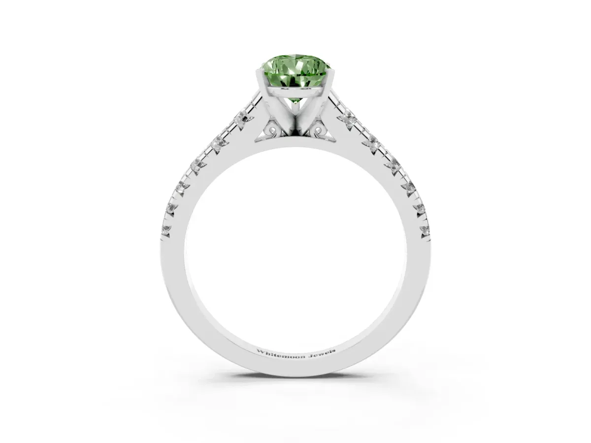 Fancy Green Pear Cut Diamond Cathedral Solitaire Ring with Round Pavé Band Silver