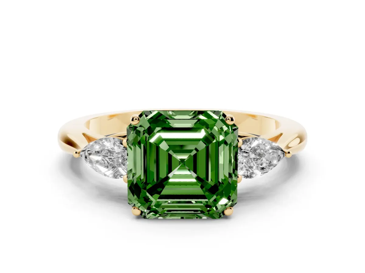 Fancy Green Asscher Cut Diamond Three-Stone Ring with Pear Side Stones and Prong Setting Yellow gold