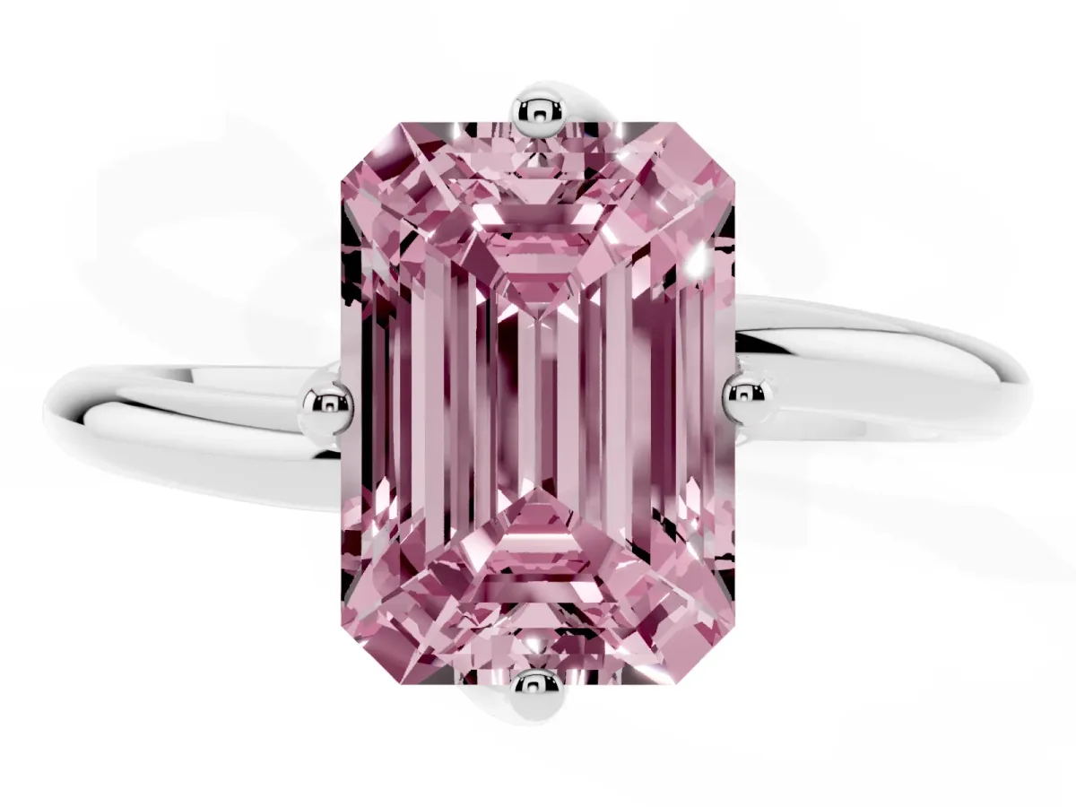 Fancy Pink Emerald Cut Diamond Solitaire Engagement Ring with Four-Prong Setting and Classic Band Silver