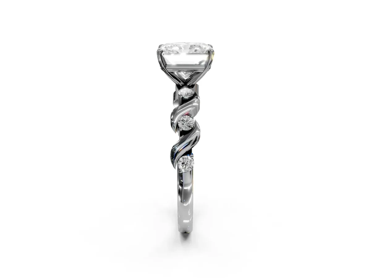 Radiant Cut Diamond Solitaire Twisted Band with Round Accents and Prong Setting Silver