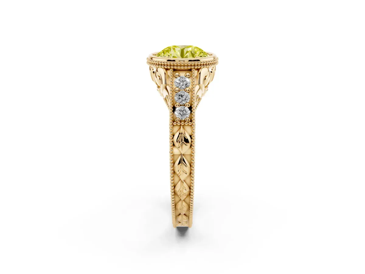 Fancy Yellow Bezel Set Round Cut Diamond Milgrain Pave Engagement Ring Yellow gold
