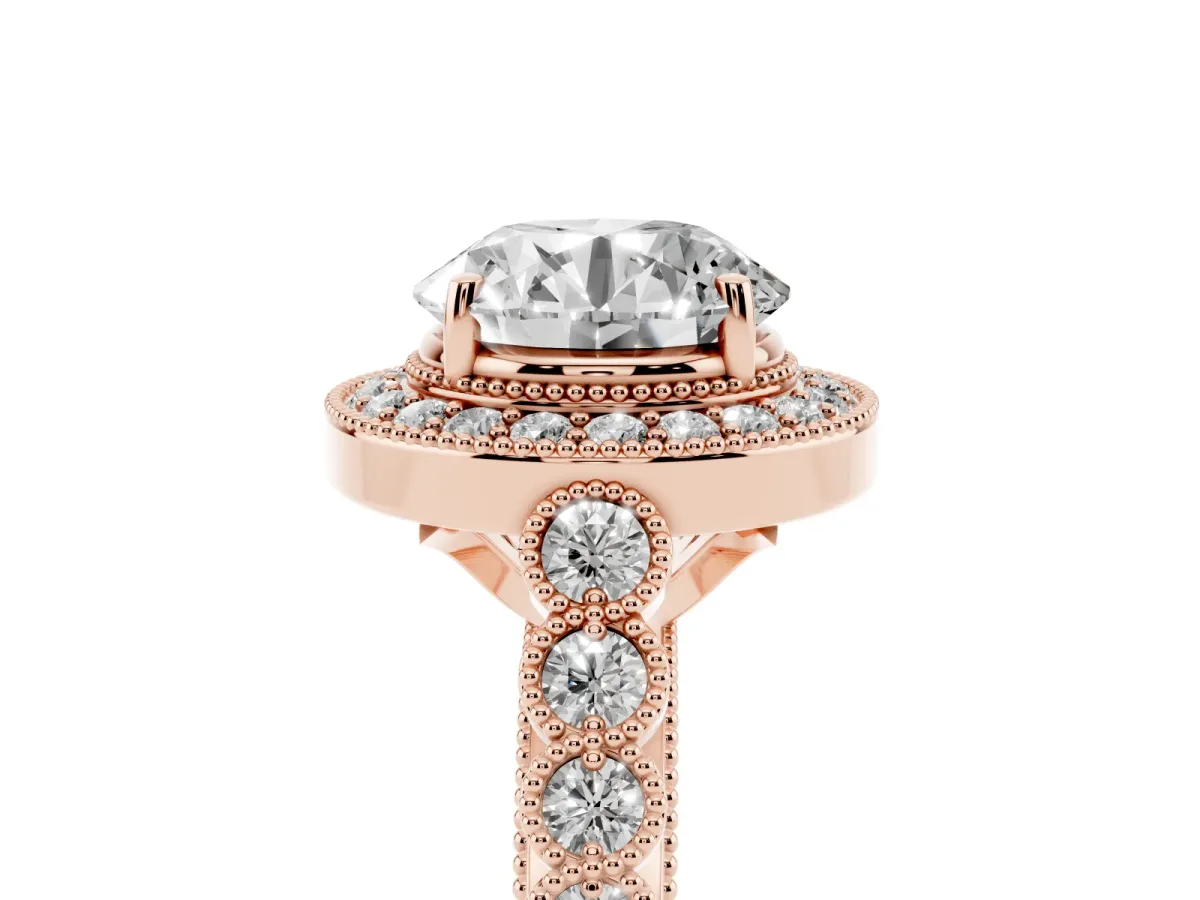Round Cut Halo Milgrain Solitaire with Bezel Set Side Stones and Pave Band Rose gold