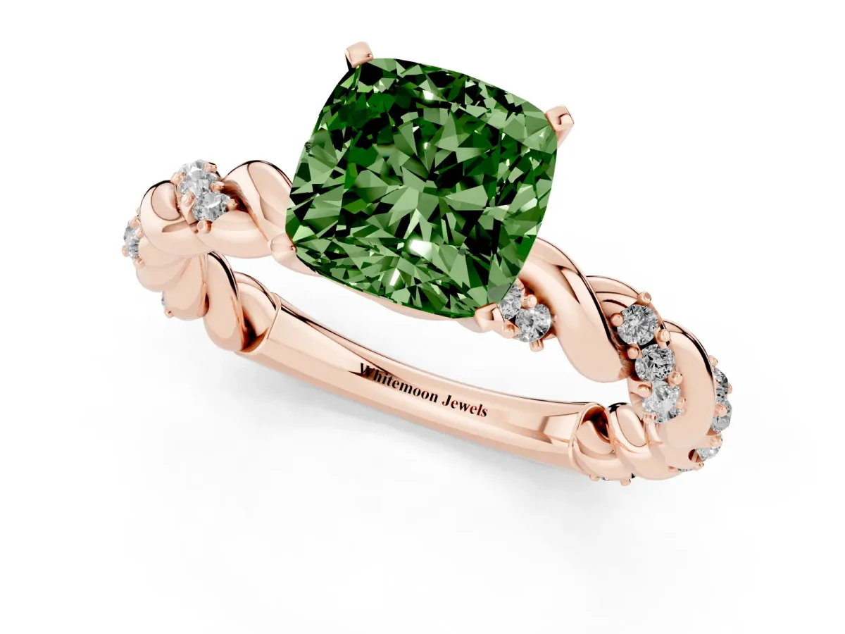 Fancy Green Cushion Cut Diamond Solitaire Ring with Twisted Band and Pavé Accents Rose gold