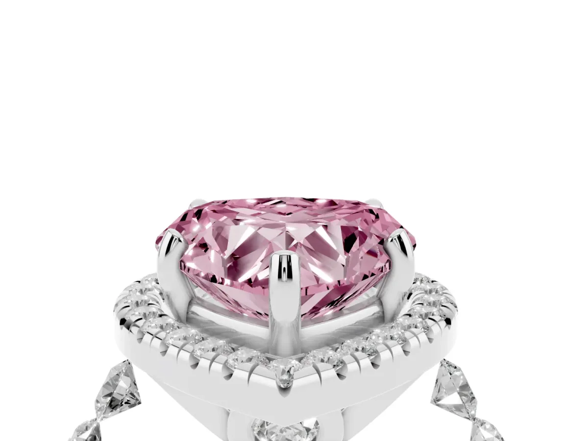 Fancy Pink Heart Cut Halo Pavé Diamond Engagement Ring with Four-Prong Setting Platinum