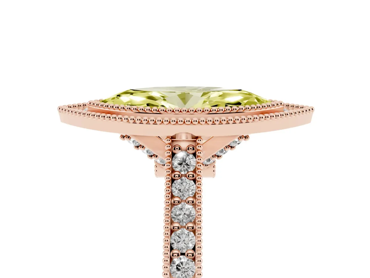 Fancy Yellow Halo Marquise Cut-Cut Diamond Pave Band Milgrain Prong Setting Ring Rose gold