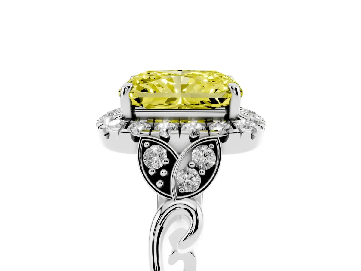 Fancy Yellow Radiant Cut Halo Diamond Engagement Ring with Vintage-Inspired Band and Four-Prong Setting White gold