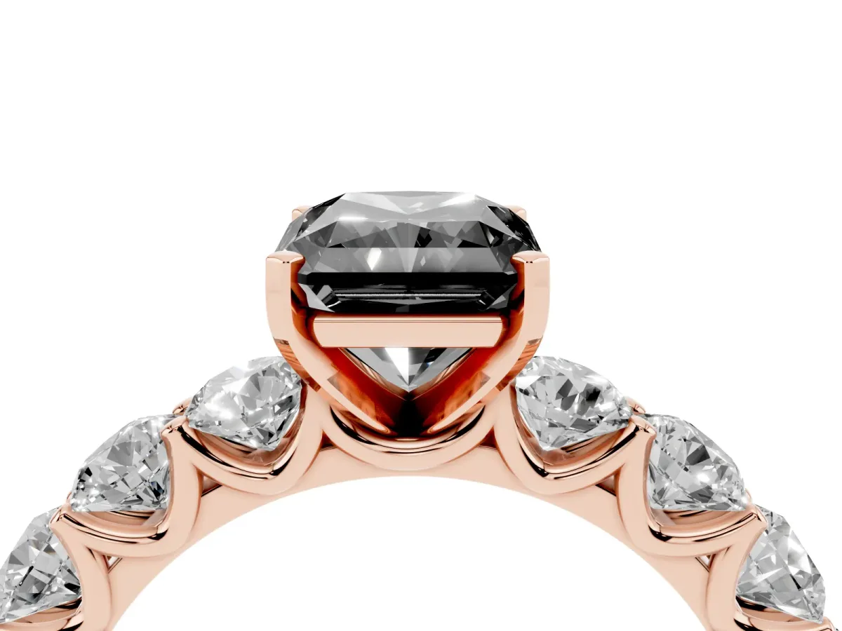 Fancy Black Radiant Cut Diamond Prong Setting with Side Stones on a Pave Band Rose gold