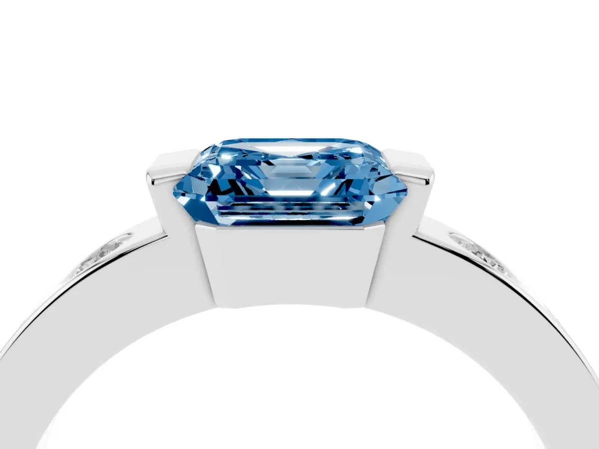 Fancy Blue Asscher Cut Brilliant Channel-Set Diamond Ring with Bezel Prong Setting Platinum