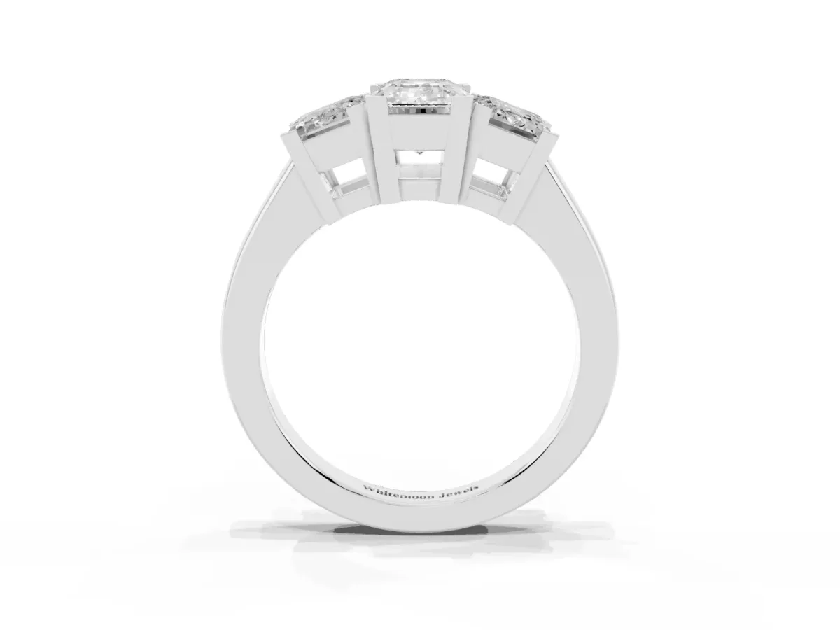 Three-Stone Emerald Cut Cut Diamond Ring with Channel Set Band and Four-Prong Setting Silver