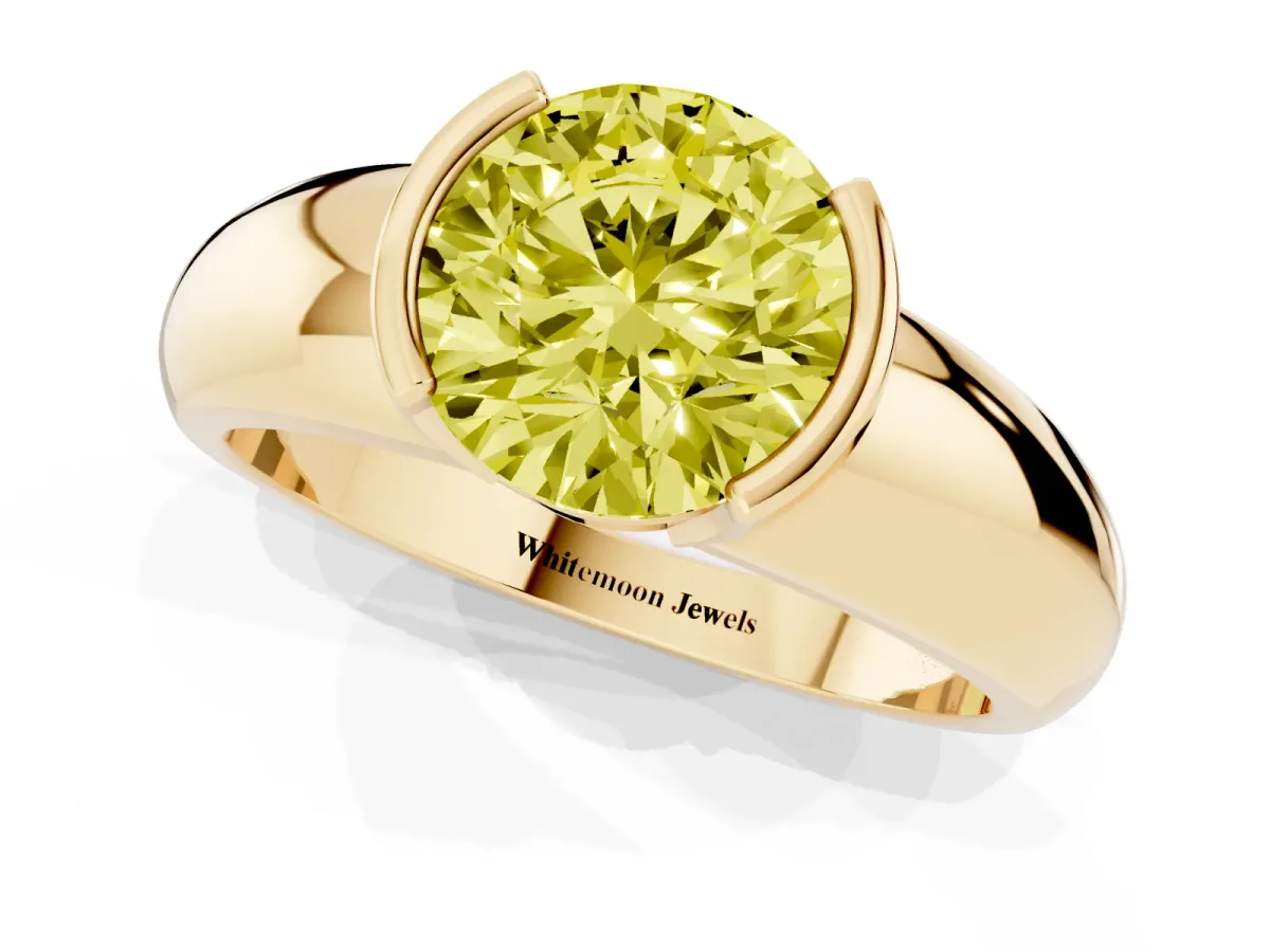 Fancy Yellow Round Cut Solitaire Tension Set Diamond Ring with Wide Band Yellow gold