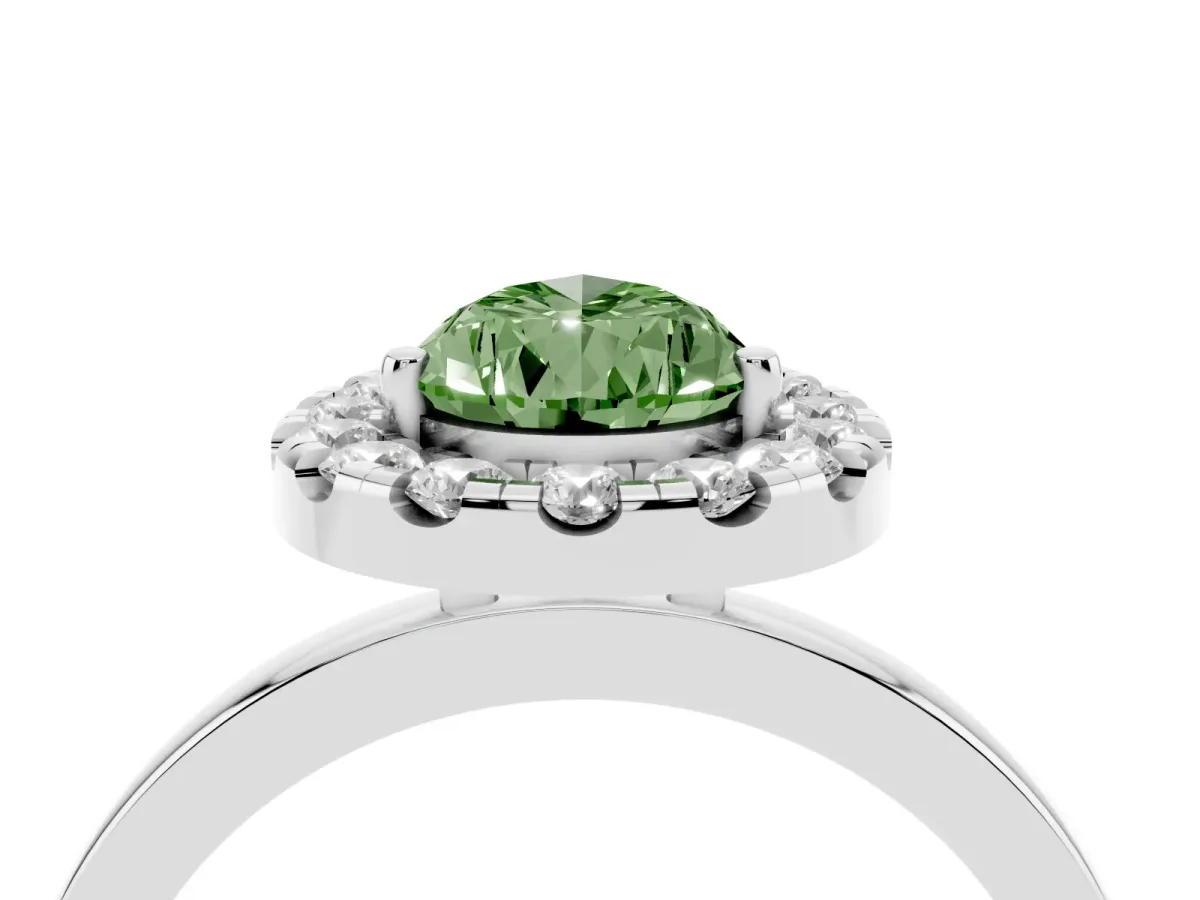 Fancy Green Pear Cut Halo Diamond Solitaire with Pavé Band and Four-Prong Setting Silver