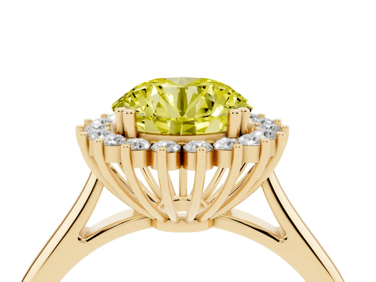 Fancy Yellow Round Cut Cut Diamond Halo Ring with Solitaire Band and Prong Setting Yellow gold