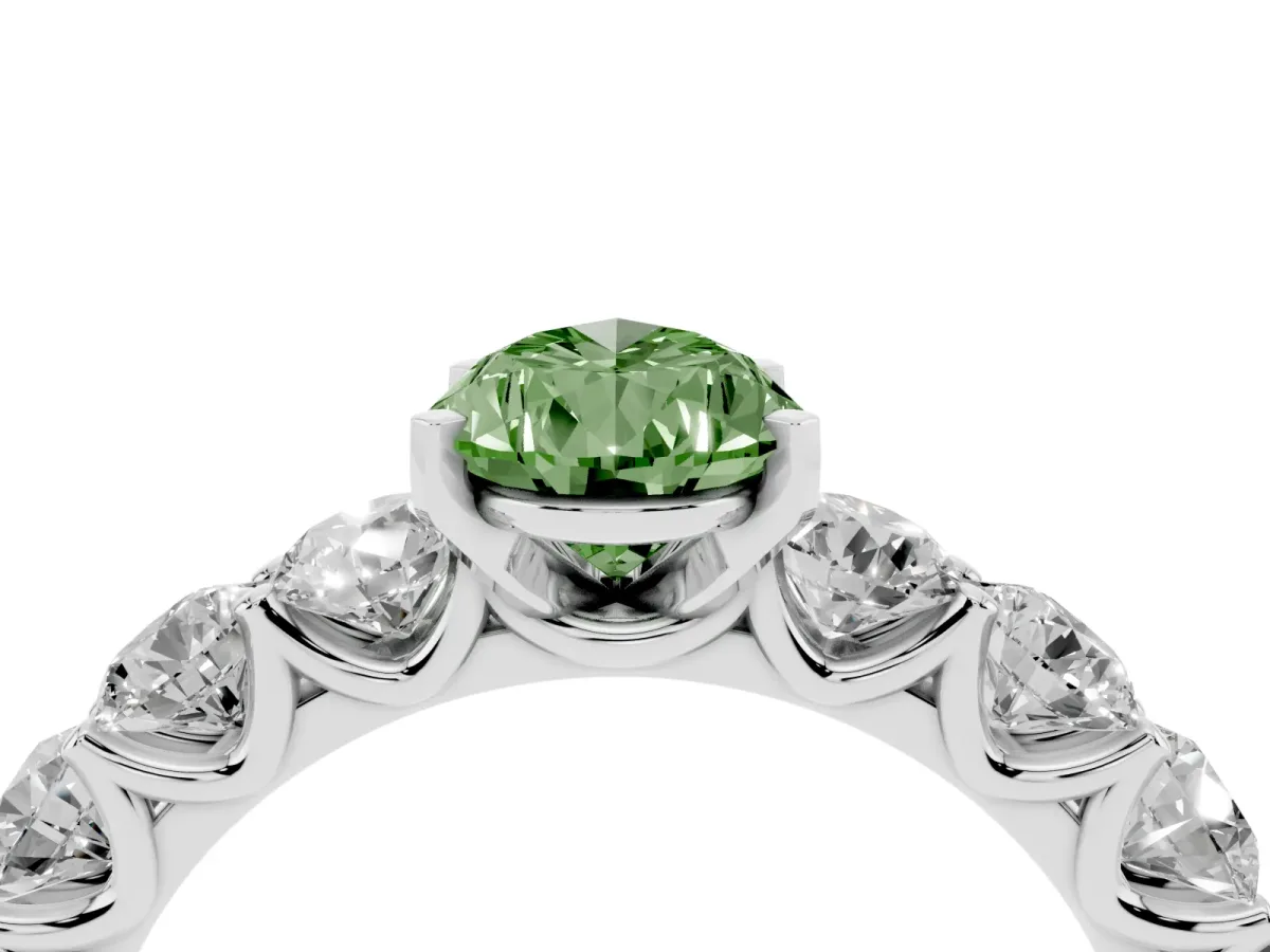 Fancy Green Pear Cut Diamond Prong Setting with Side Stones on a Pave Band Silver
