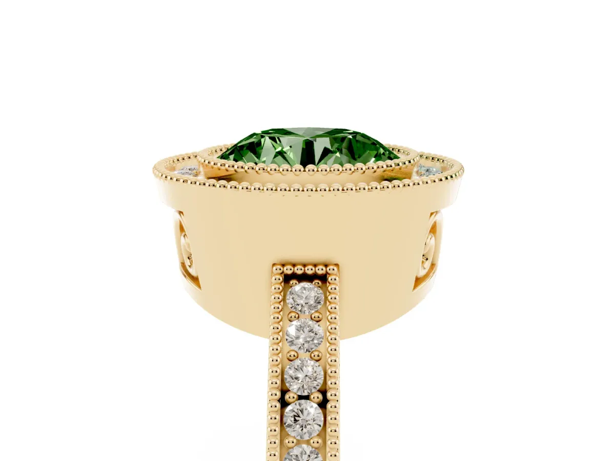 Fancy Green Round Cut Cut Halo Diamond Ring with Pavé Band and Milgrain Prong Setting Yellow gold