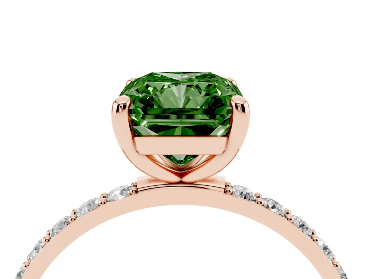 Fancy Green Radiant Cut Diamond Solitaire Ring with Round Pavé Band and Prong Setting Rose gold