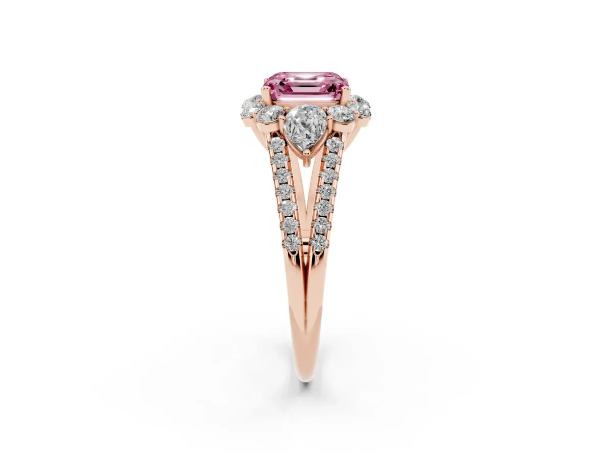 Fancy Pink Asscher Cut Halo Split Shank Diamond Engagement Ring with Prong Setting Rose gold